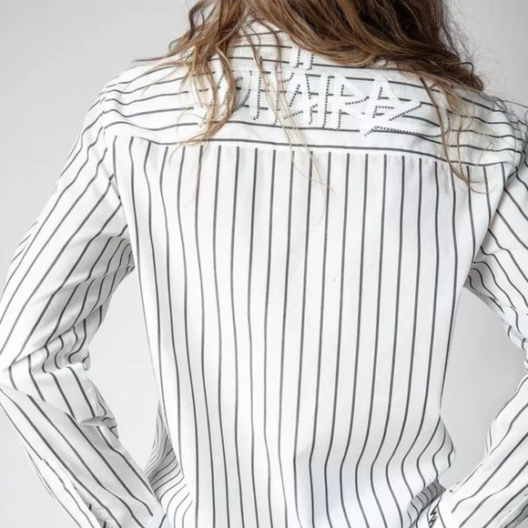 Zadig & Voltaire White Taskiz Pop Raye Strass Striped Shirt Sz M - Picture 2 of 16